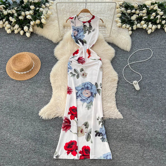 Pencil Dress - Vintage Print Sleeveless Spliced