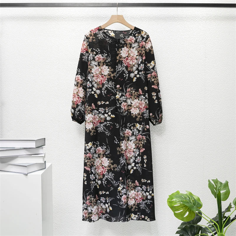 Muslim Maxi Dress - Floral Print Long Sleeve