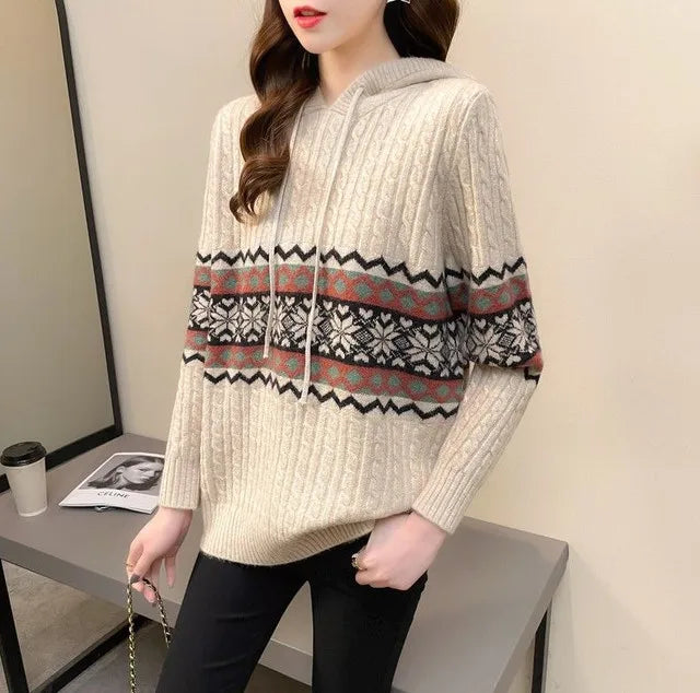 Polerón con Capucha Mujer Suelto Cordón Patchwork Estilo Étnico