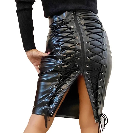 Women Knee Length Skirt Lady Wet Look Faux Leather High Waist Skirts Back Zipper Bodycon Pencil Skirt for Women