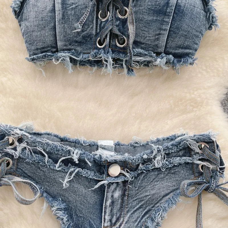 OIINAA Bathing Suit Women Sexy Denim Suits Bikini Set Lace Up Drawstring Beachwear 2025 Solid Summer Vintage Two-pieces Swimwear