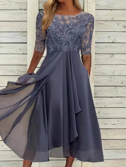 Vestido Midi Elegante Mujer Asimétrico Encaje Chifón Banquete