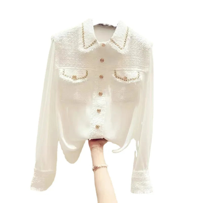 Blusa Tejido Texturado Tweed Patchwork Cuello Vuelto Manga Larga