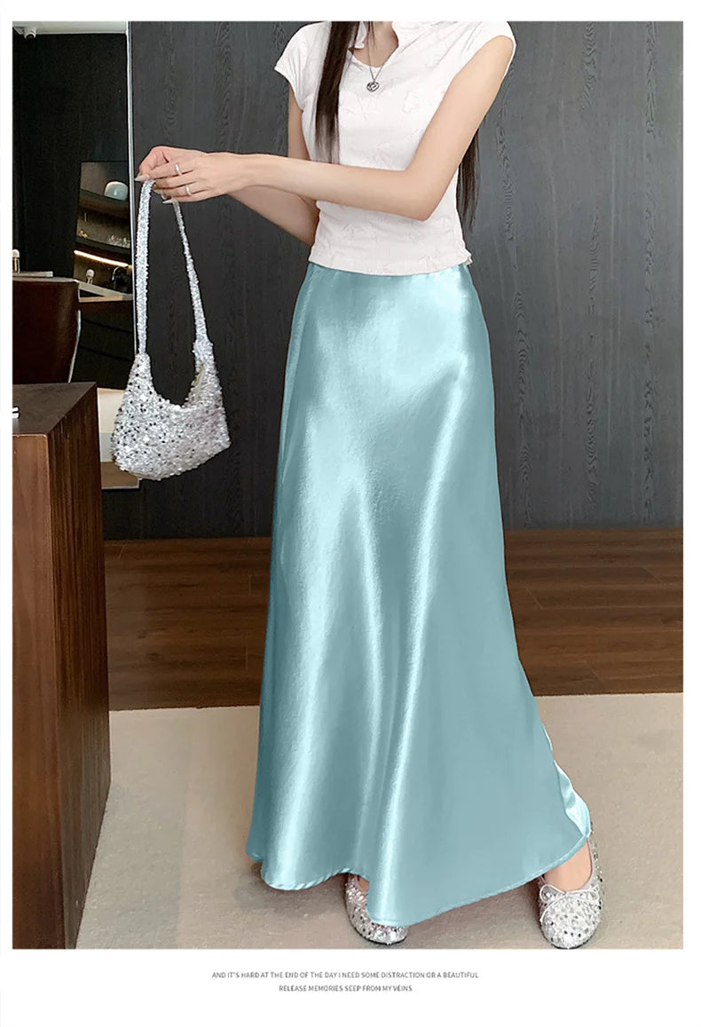Pink Satin Midi Skirt - High Waist Fishtail Wrap