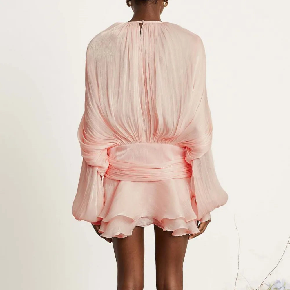 Vestido Corto Encaje Manga Puff Cuello V Holgado