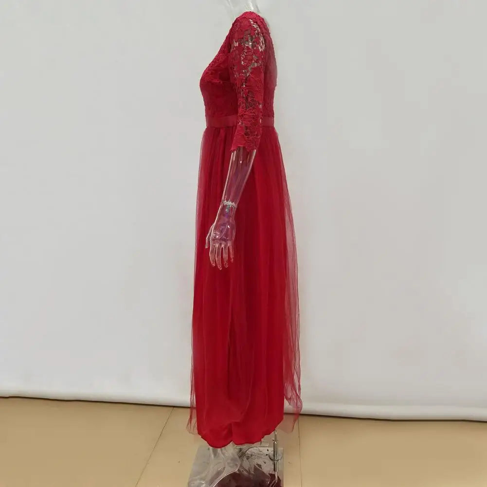 Vestido de Noche Encaje Floral Bordado Tejido Suave Cintura Ajustada Elegante