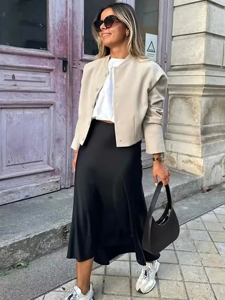 Falda Midi Satén Mujer Cintura Alta Elegante Oficina