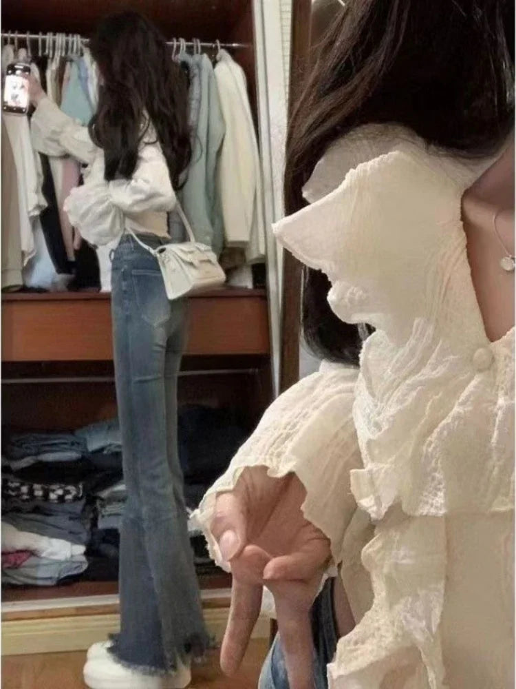 Blusa Coreana Crop Top Volantes Manga Larga Cuello V