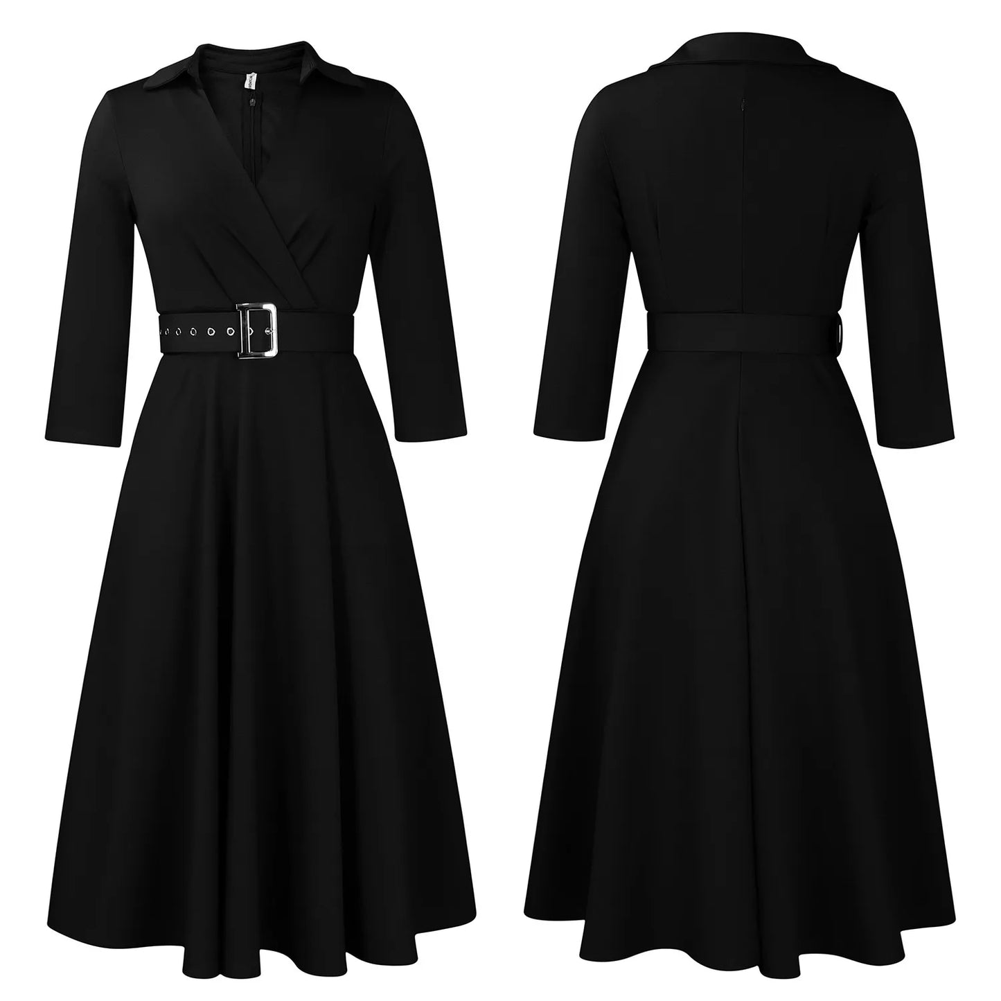 Office Dress - Turn Down Collar Belt Pleated African
