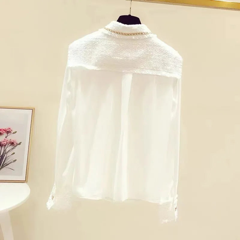 Blusa Tejido Texturado Tweed Patchwork Cuello Vuelto Manga Larga
