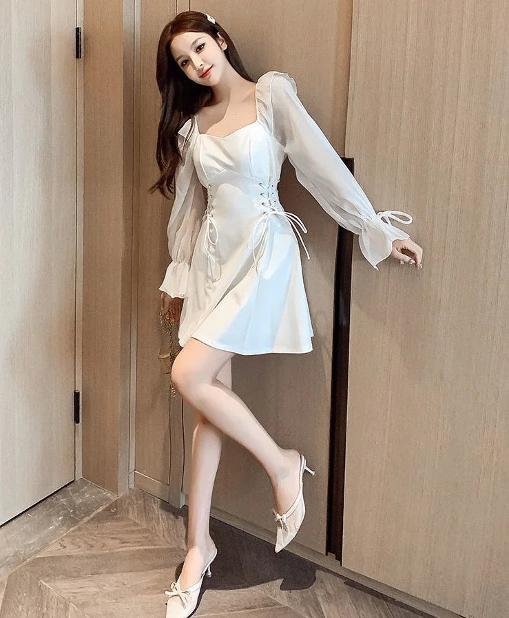 Vestido Corto Manga Puff Cuello Cuadrado Estilo Coreano Mujer