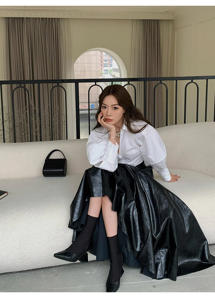 PU Leather Maxi Skirt - High Waist Pleated Black