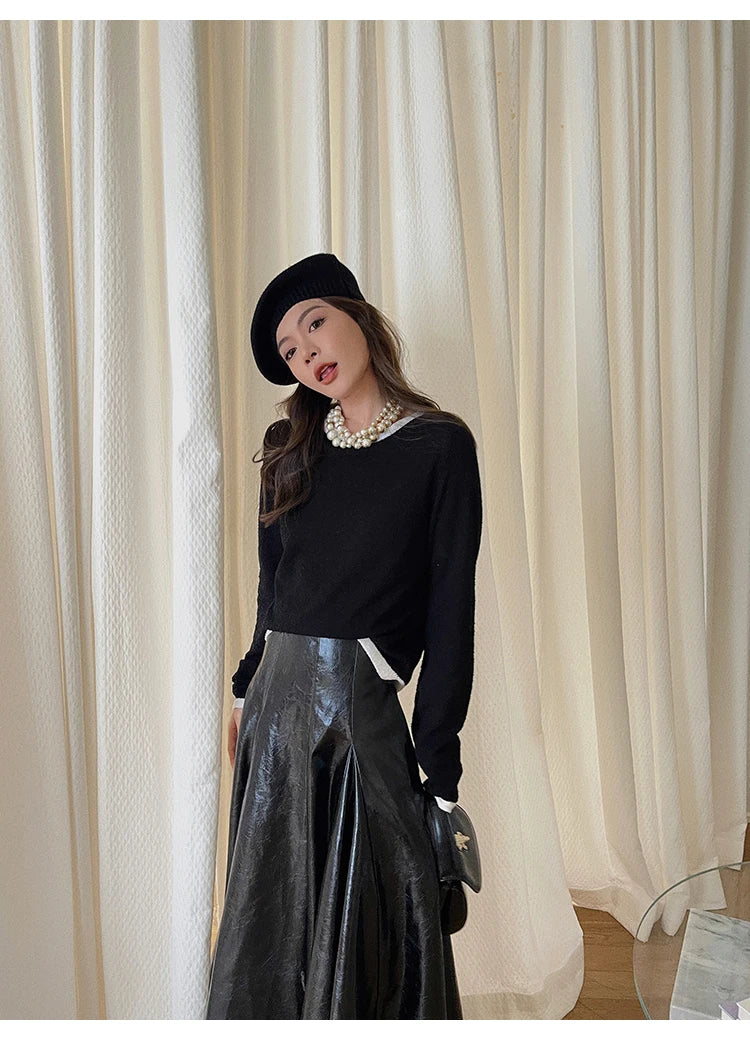 PU Leather Maxi Skirt - High Waist Pleated Black
