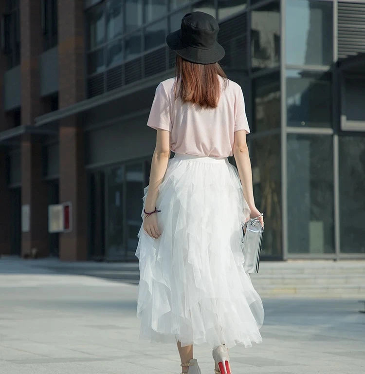 Tulle Maxi Skirt - High Waist Pleated Pink