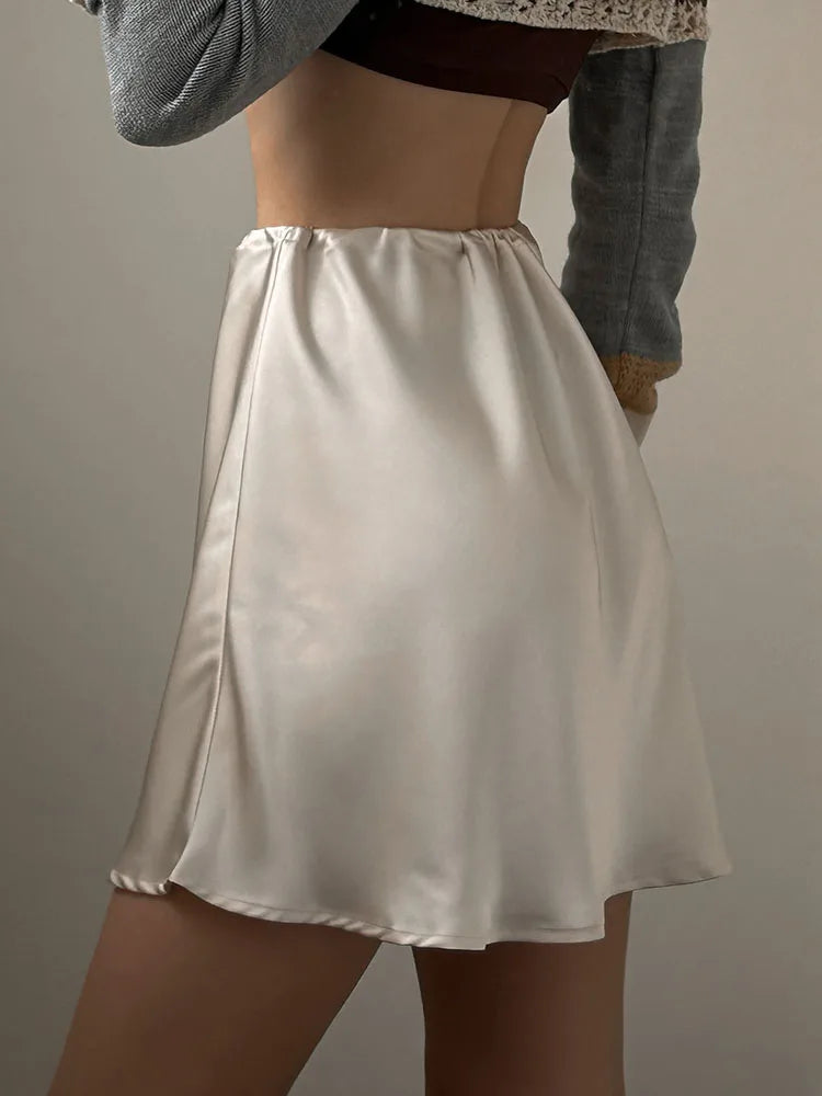 Satin Mini Skirt - Drawstring High Waist A-Line