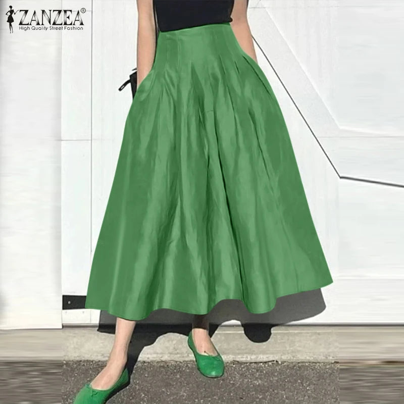 ZANZEA Fashion Holiday Faldas Mujer Casual Women Solid Color High Waist Jupe Femmes Elegant Commute Pleated Front Midi Skirts