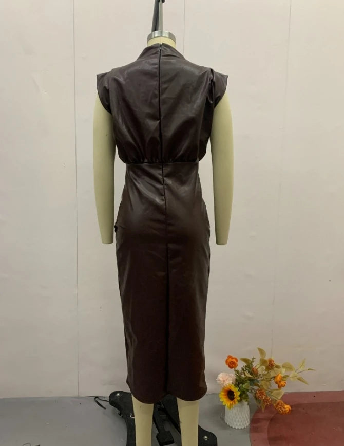 Vestido Midi Cuero PU Mujer Ajustado Encaje Contraste Sexy