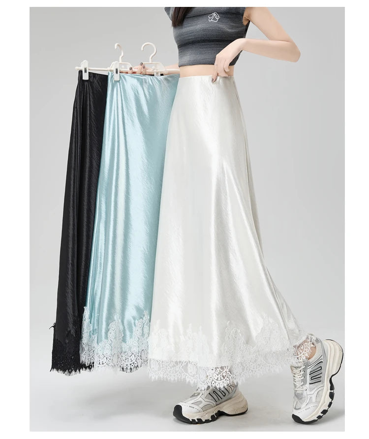 Satin Maxi Skirt - High Waist Side Slit Black