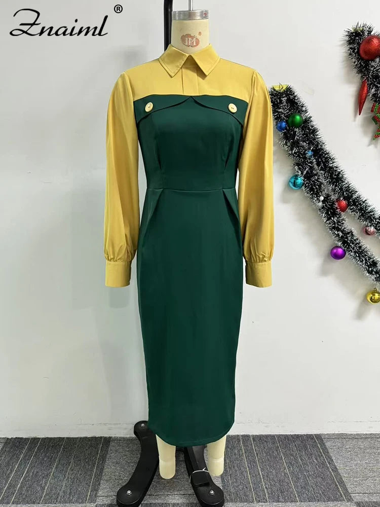 Pencil Midi Dress - Green Patchwork Button Office