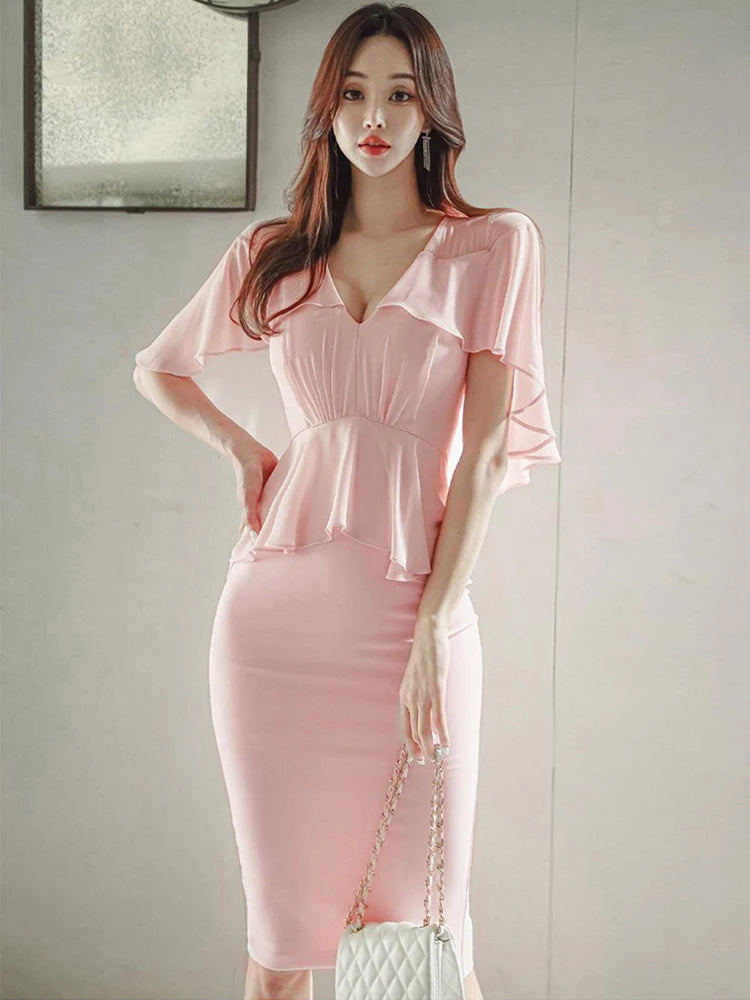 Pink Pencil Dress - Cloak V-Neck Midi Party