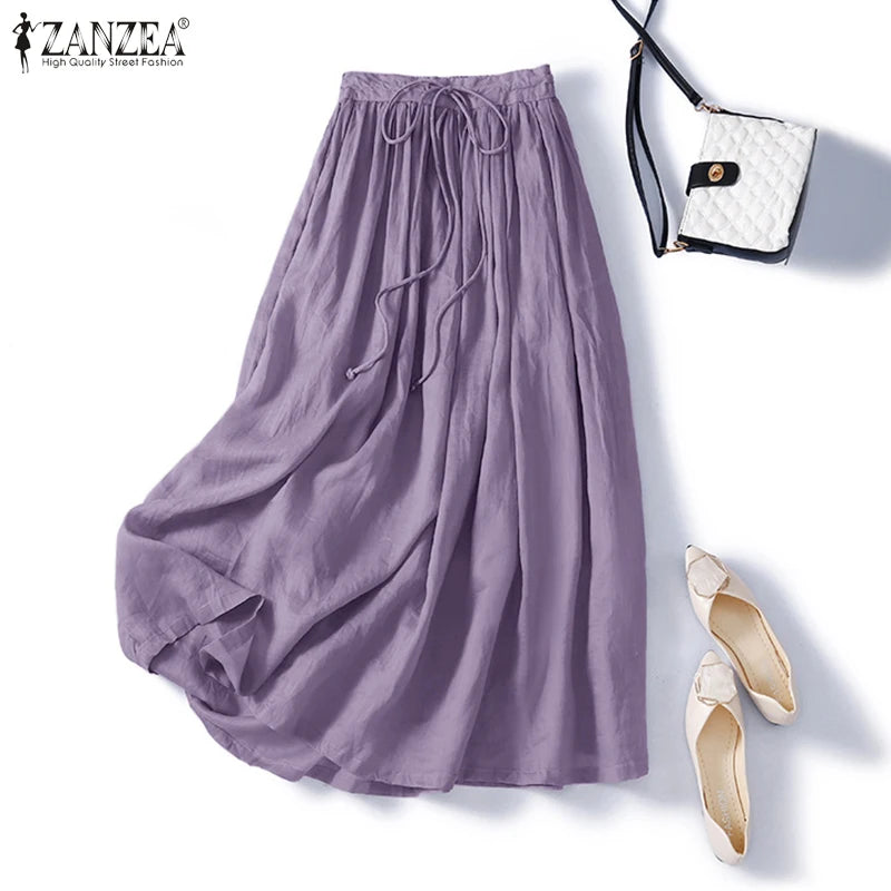 ZANZEA Elegant Faldas Flowy A-line Pleated Skirt 2024 Casual Women Elastic Waist Skirts Party Loose High Waist Solid Maxi Skirt