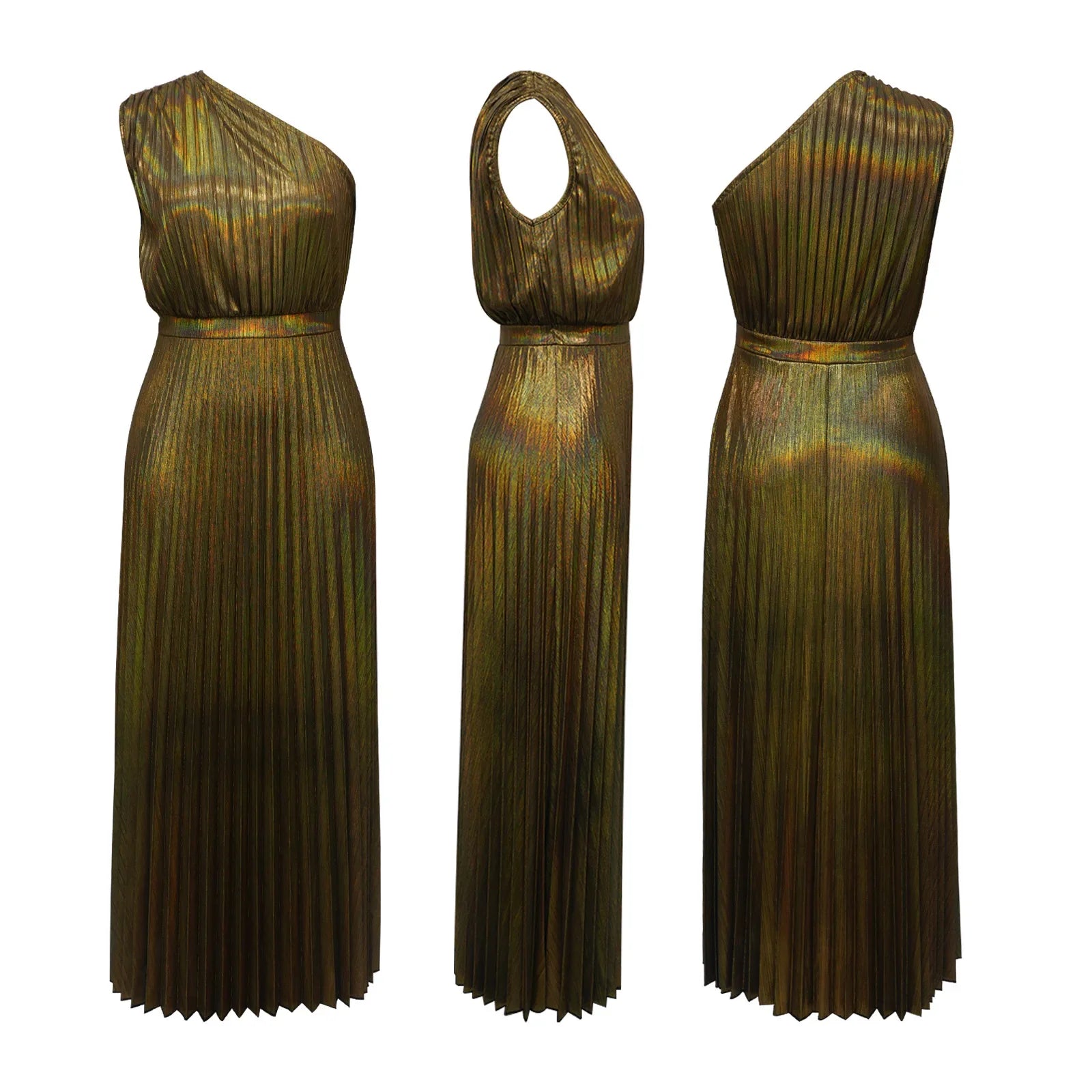 Vestido Largo Plisado Metálico Un Hombro Sin Mangas Brillante