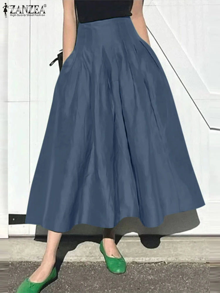 Pleated Midi Skirt - High Waist Solid Black