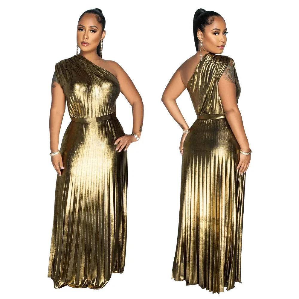 Vestido Largo Plisado Metálico Un Hombro Sin Mangas Brillante