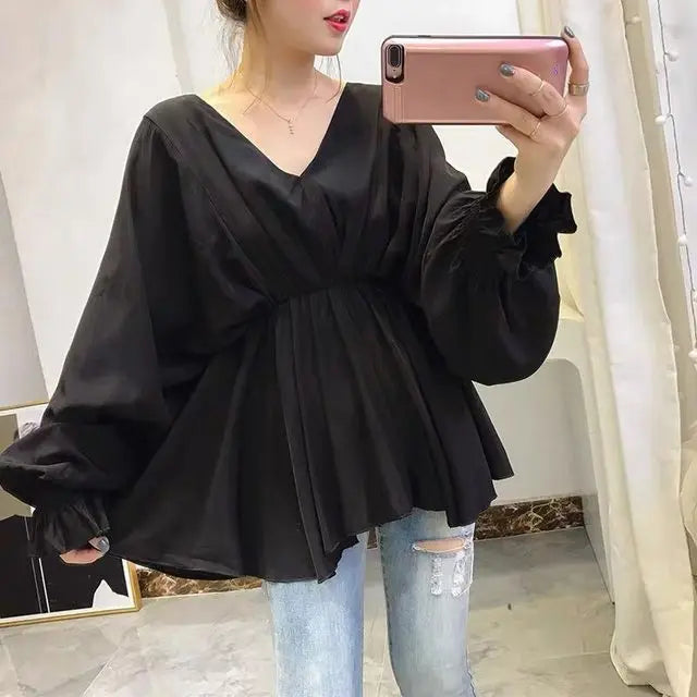 Blusa Chifón Cuello V Pliegues Manga Larga Slim Verano