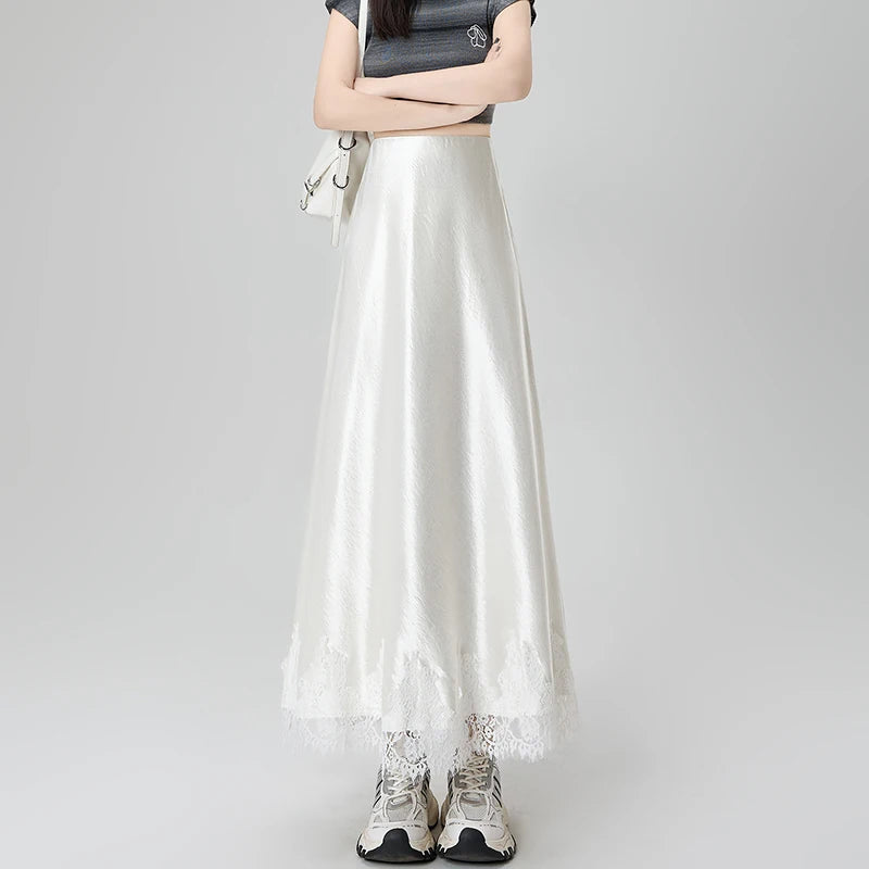 Satin Maxi Skirt - High Waist Side Slit Black