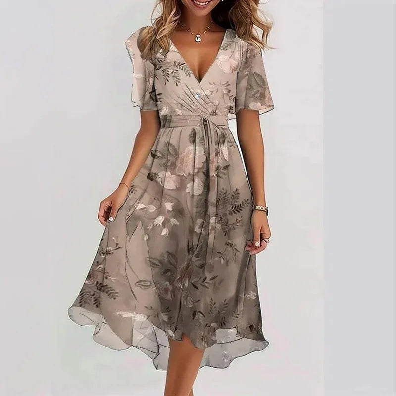 Elegant Women's Spring And Summer Short Sleeved Loose A-line Dress Women's Casual V-neck Floral Print Beach Style Dresses Midi