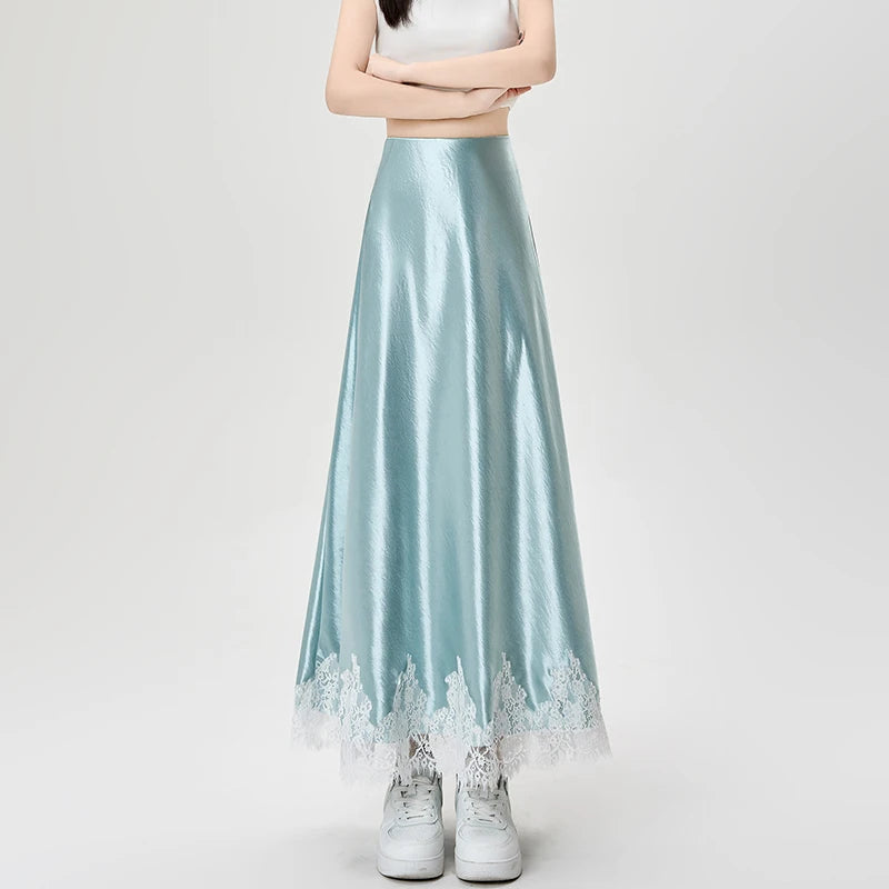 Satin Maxi Skirt - High Waist Side Slit Black