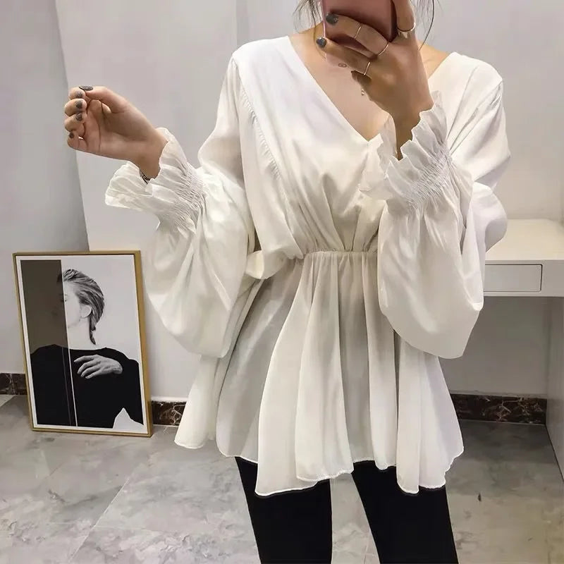 Blusa Chifón Cuello V Pliegues Manga Larga Slim Verano