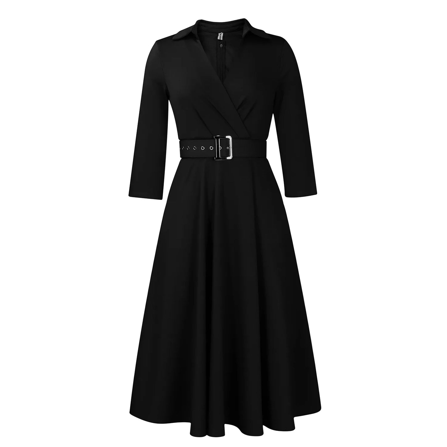 Office Dress - Turn Down Collar Belt Pleated African
