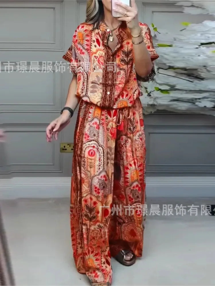 Conjunto Casual Mujer Top Estampado Pierna Ancha Suelto