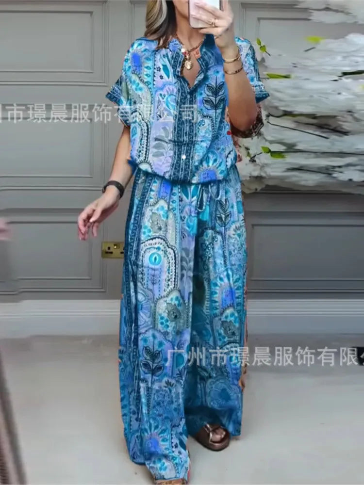 Conjunto Casual Mujer Top Estampado Pierna Ancha Suelto