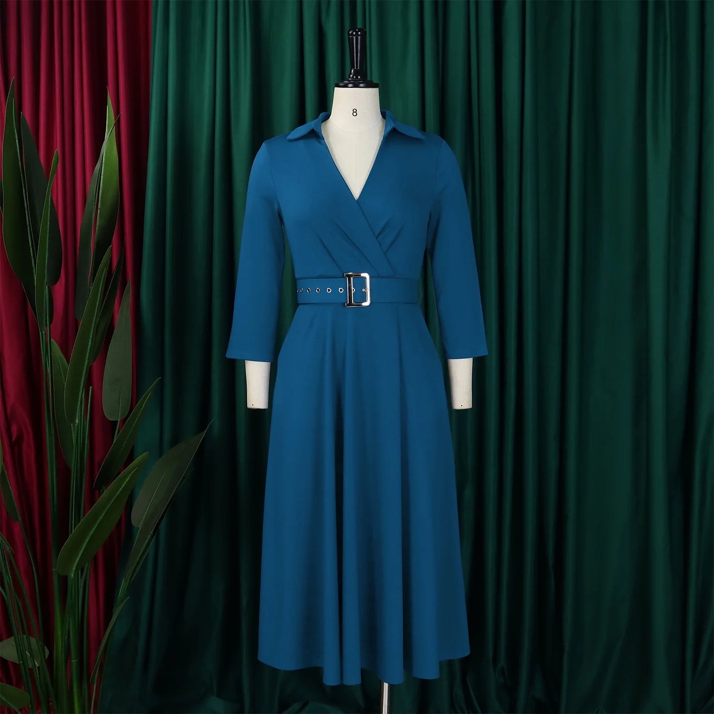 Office Dress - Turn Down Collar Belt Pleated African