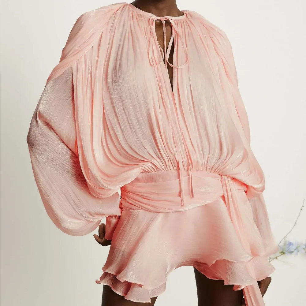 Vestido Corto Encaje Manga Puff Cuello V Holgado