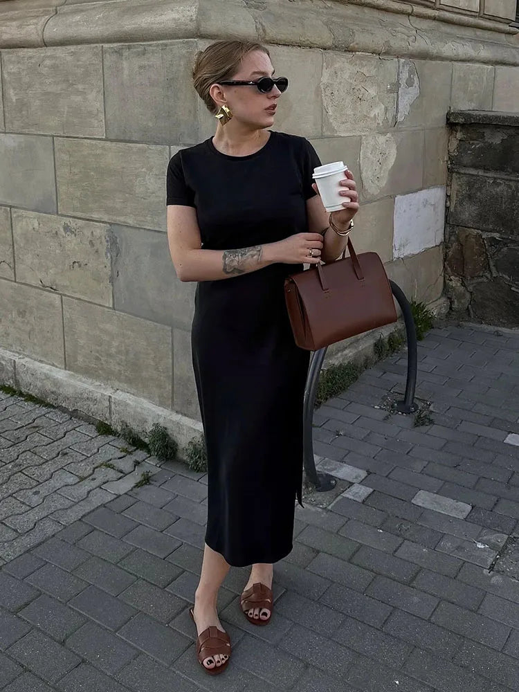 Satin Midi Skirt - A-Line Side Slit