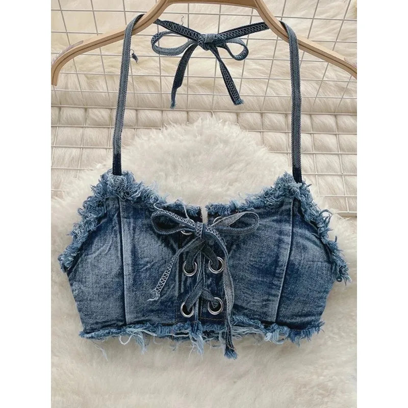 OIINAA Bathing Suit Women Sexy Denim Suits Bikini Set Lace Up Drawstring Beachwear 2025 Solid Summer Vintage Two-pieces Swimwear