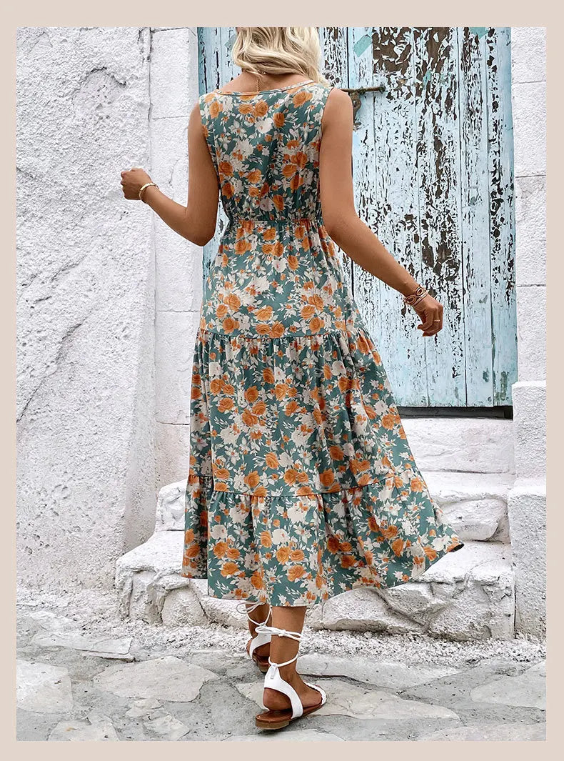 Vestido Largo Casual Floral Escote V Sin Mangas Mujer
