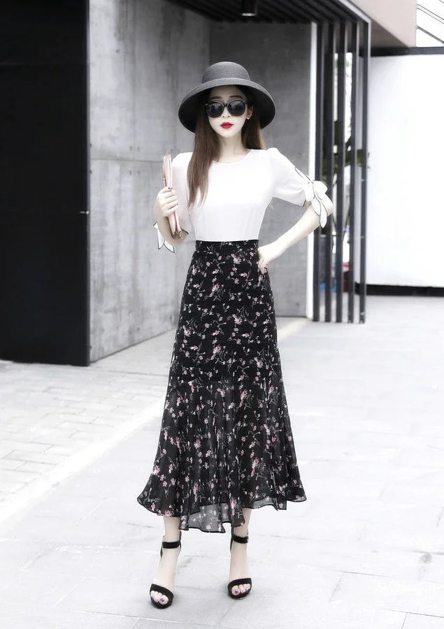 Velvet Midi Skirt - Belted Pleated Long