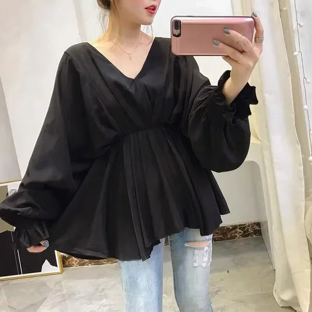 Blusa Chifón Cuello V Pliegues Manga Larga Slim Verano