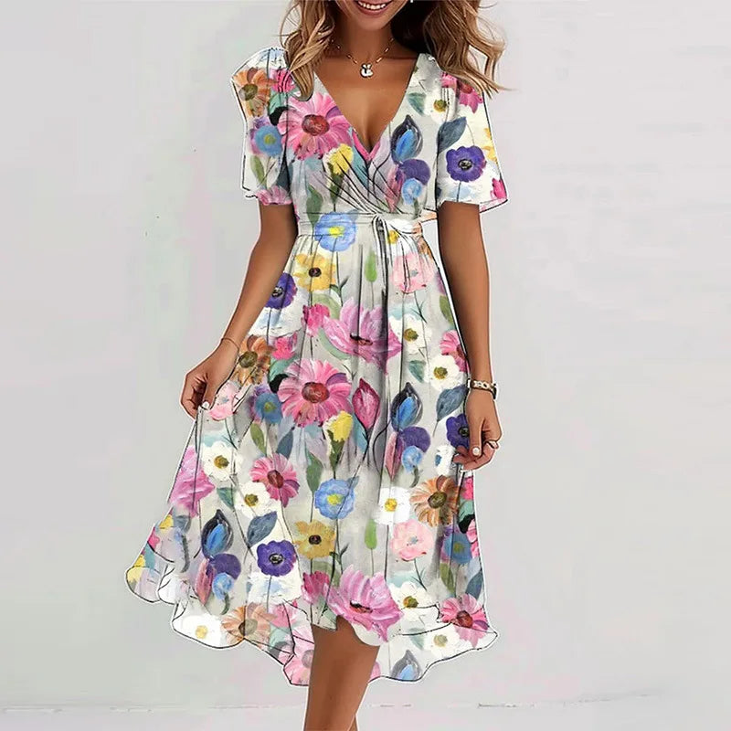 Elegant Women's Spring And Summer Short Sleeved Loose A-line Dress Women's Casual V-neck Floral Print Beach Style Dresses Midi