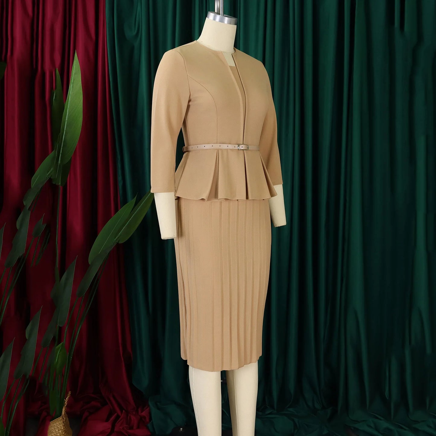 Office Dress - V Neck Belt Midi Professional 2024