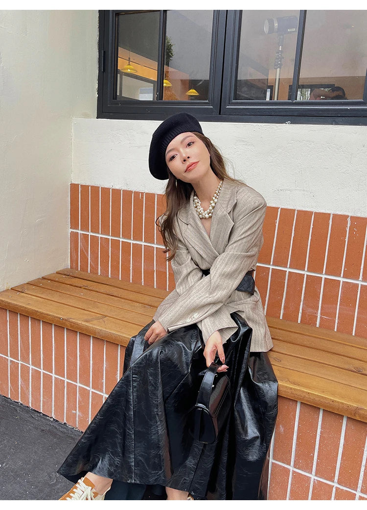 PU Leather Maxi Skirt - High Waist Pleated Black