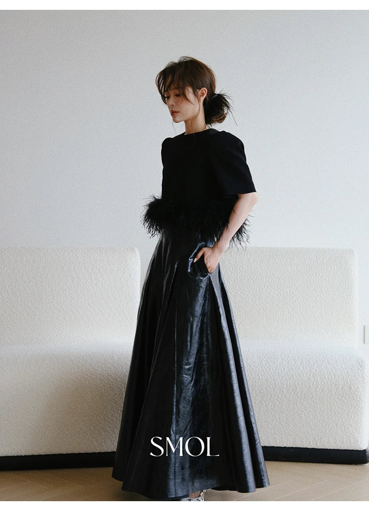 PU Leather Maxi Skirt - High Waist Pleated Black