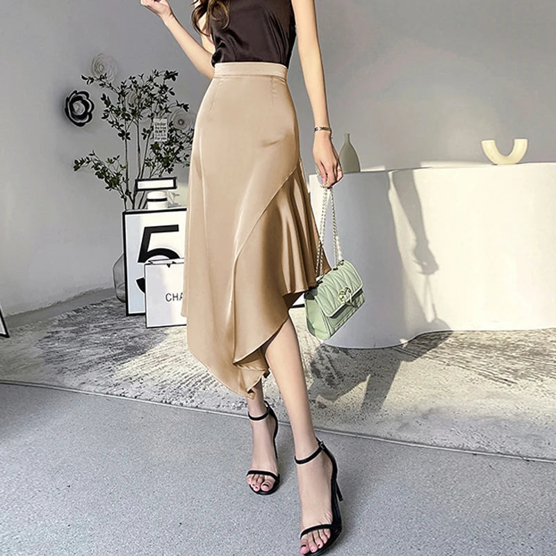Satin Mermaid Long Skirt - High Waist Irregular