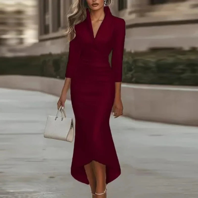 Office Dress - V Neck Bodycon Satin Midi