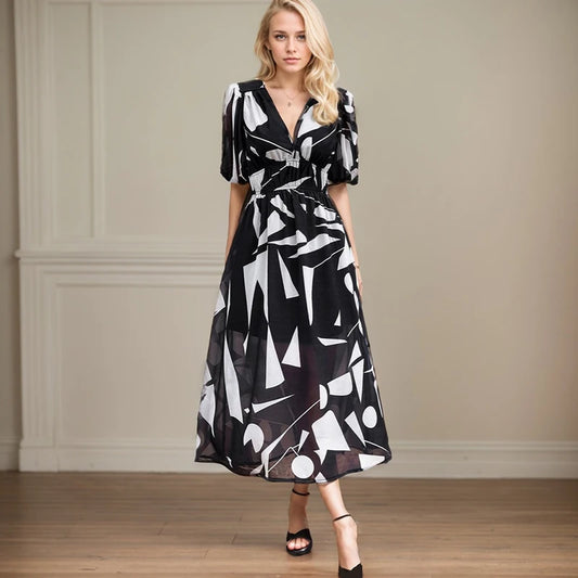 Beach Vacation Casual Floral Dresses Spring Summer New Fashion Lantern Sleeve Chiffon Long Dress French Gentle Slim Fit Sundress